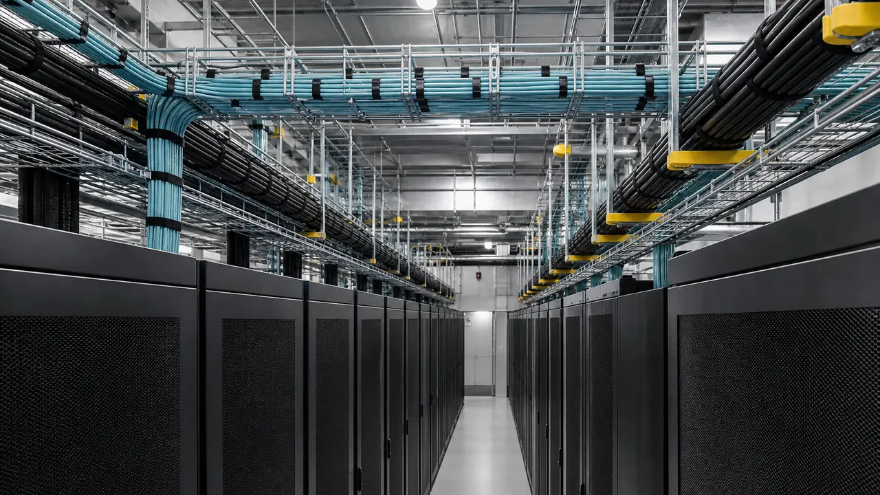 Trunk in fibra per data center e patch cord LC instradati in passerelle sospese sopra i rack server