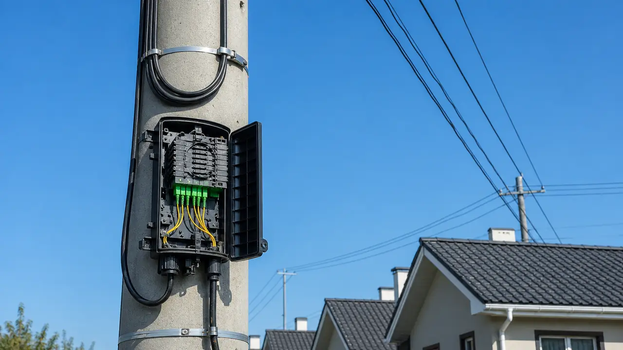 Spulen mit FTTH-Drop-Kabel und eine Trommel Außen-Bündeladerkabel neben einem Straßenverteiler beim Telekom-Ausbau