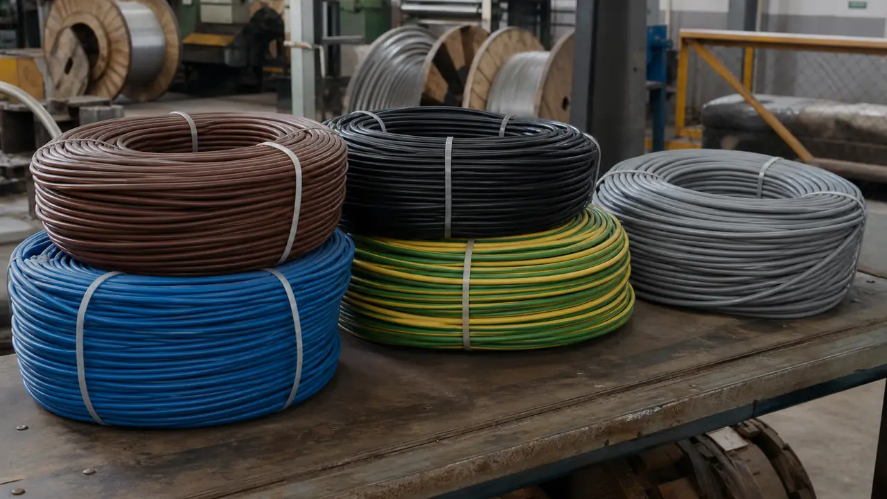 Coils of single-core building wire and drums of multicore control cable stacked in a cable warehouse