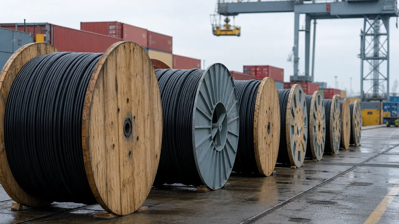 Wooden and steel cable drums lined up on a quay with containers behind, ready for export loading