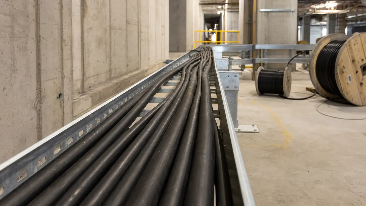 Cable drums of different sizes staged on a project laydown yard for power, solar and fibre cable applications