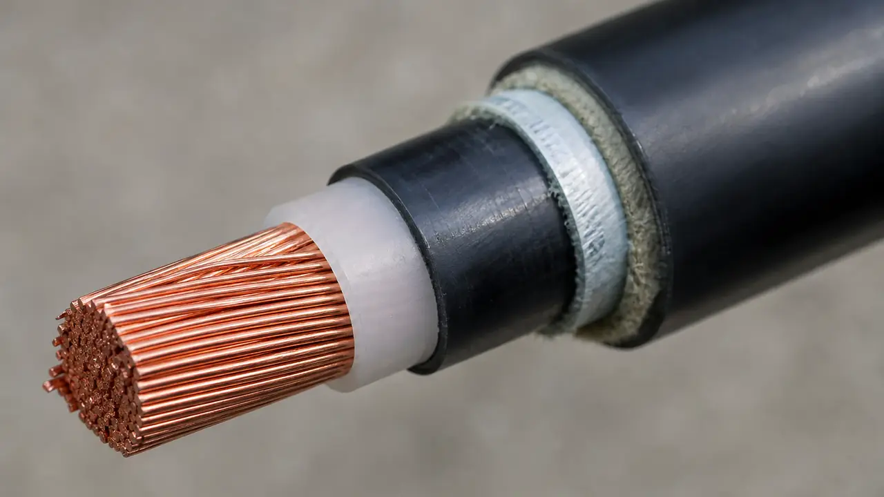 Cross-sections of power, control and fibre cables laid side by side to show cable construction layers
