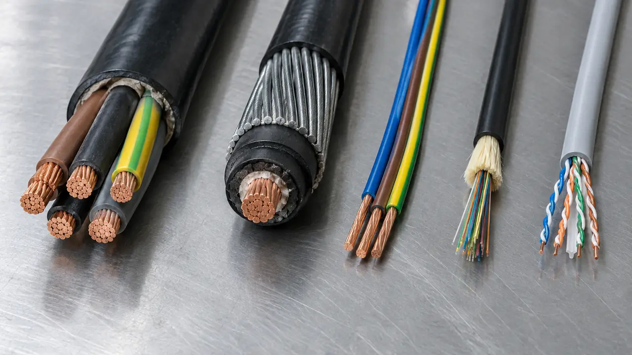 Abgeschnittene Enden von Energiekabeln, Installationsleitungen, Glasfaser- und LAN-Kabeln nebeneinander auf einer Werkbank zum Produktvergleich