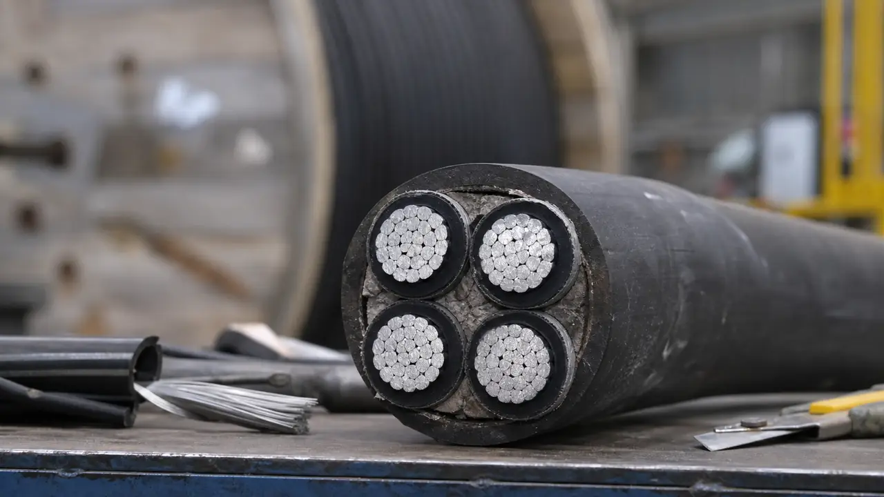 Cut end of a four-core aluminium conductor XLPE power cable showing stranded aluminium cores and black PVC sheath