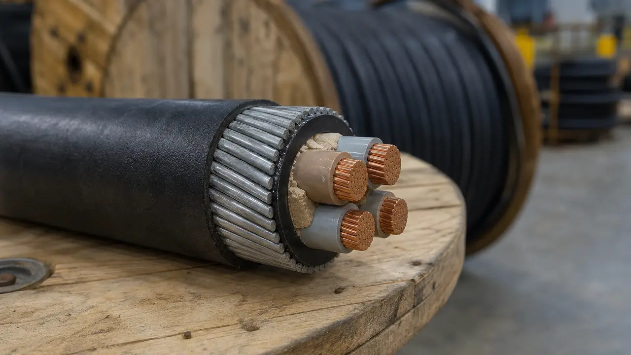 Cut end of a four-core steel tape armoured power cable showing XLPE cores, inner sheath, steel armour and black PVC sheath