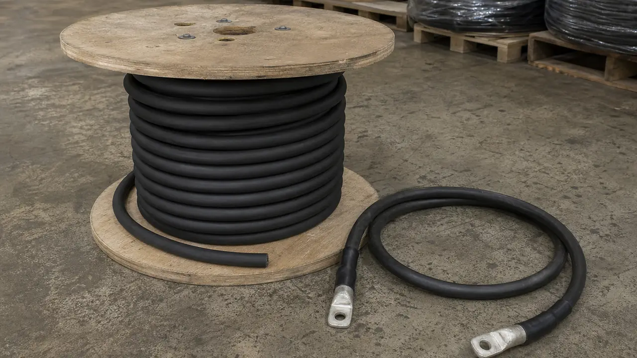 Coil of black welding cable with extra-flexible copper strands visible at the cut end