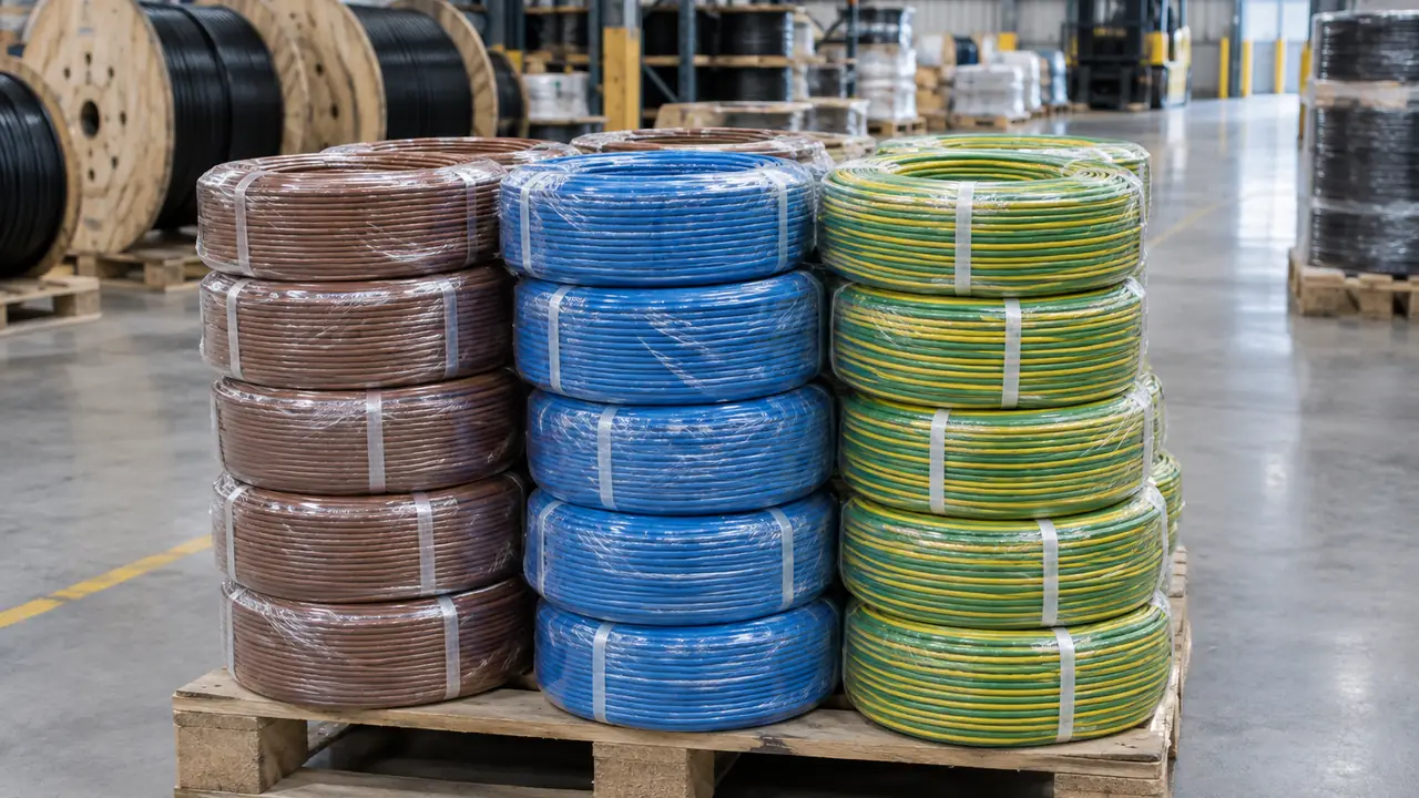 Coils of single-core PVC building wire in several insulation colours with cut ends showing stranded copper