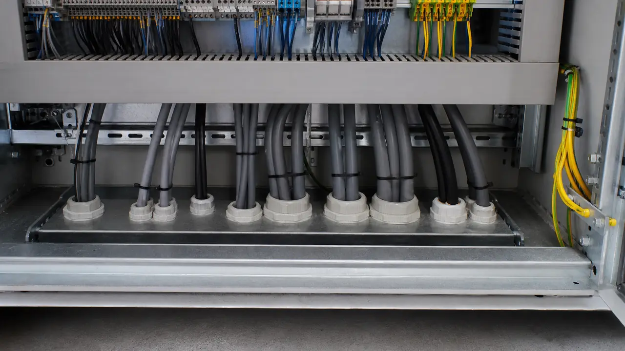 Cut end of a multicore PVC control cable showing seven numbered black cores under a grey sheath
