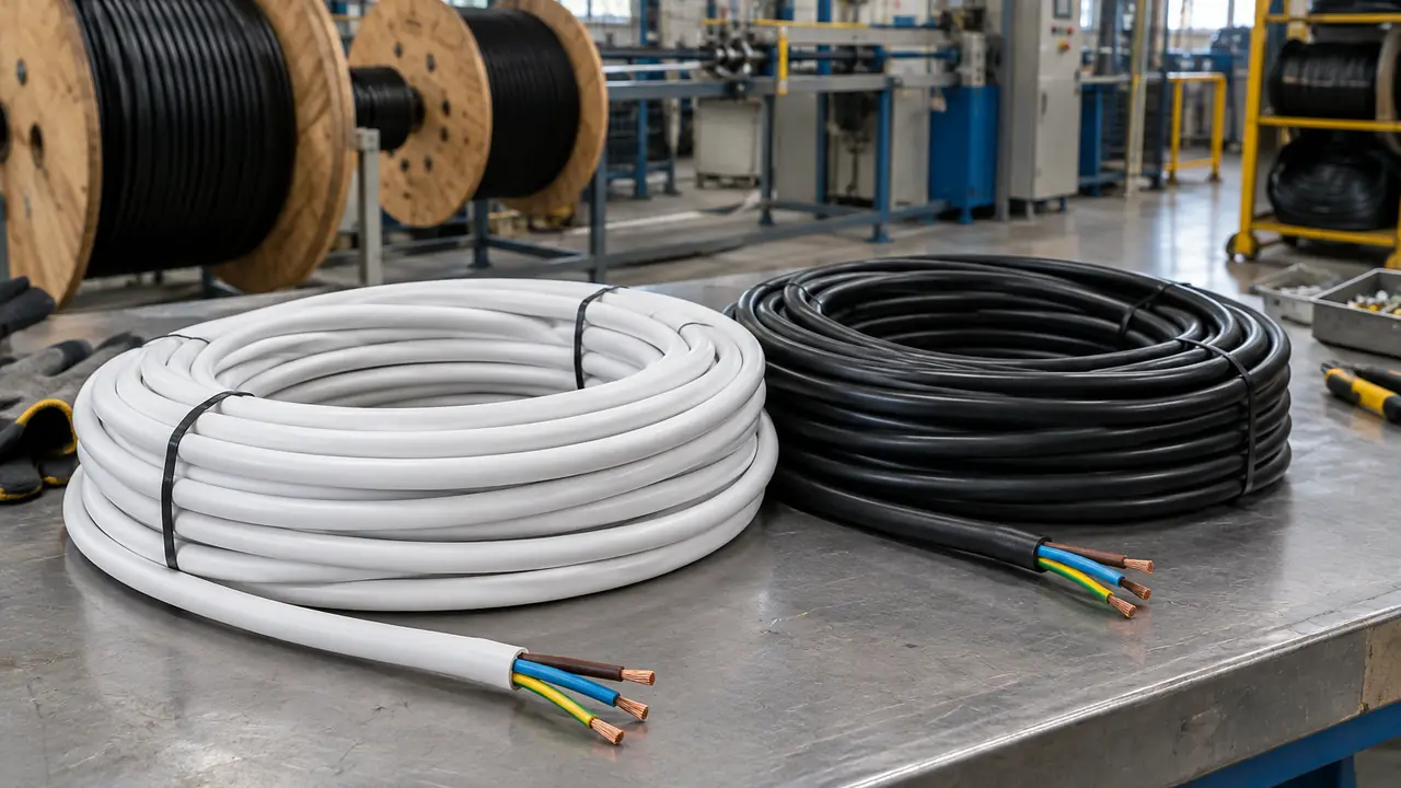 Coiled three-core PVC flexible cord with a cut end showing fine-stranded copper cores in brown, blue and green-yellow
