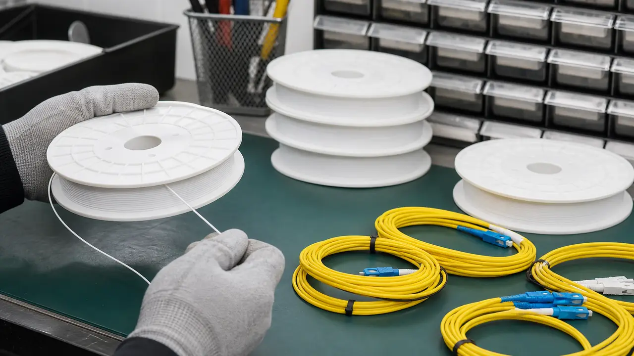 Coil of white FTTH flat drop cable beside SC and LC fibre patch cords with blue and green connectors