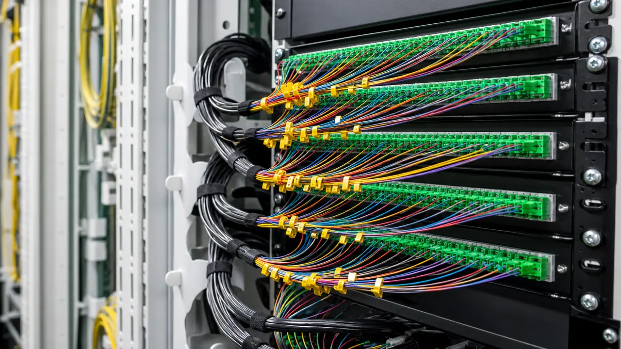 Indoor tight-buffered fibre optic cable with twelve coloured 900 um buffers, yellow aramid yarn and LSZH jacket