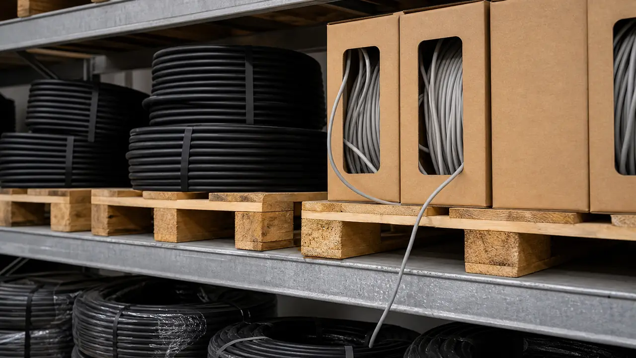 Cut ends of Cat6 U/UTP LAN cable with four twisted pairs beside an RG6 coaxial cable showing foil and braid
