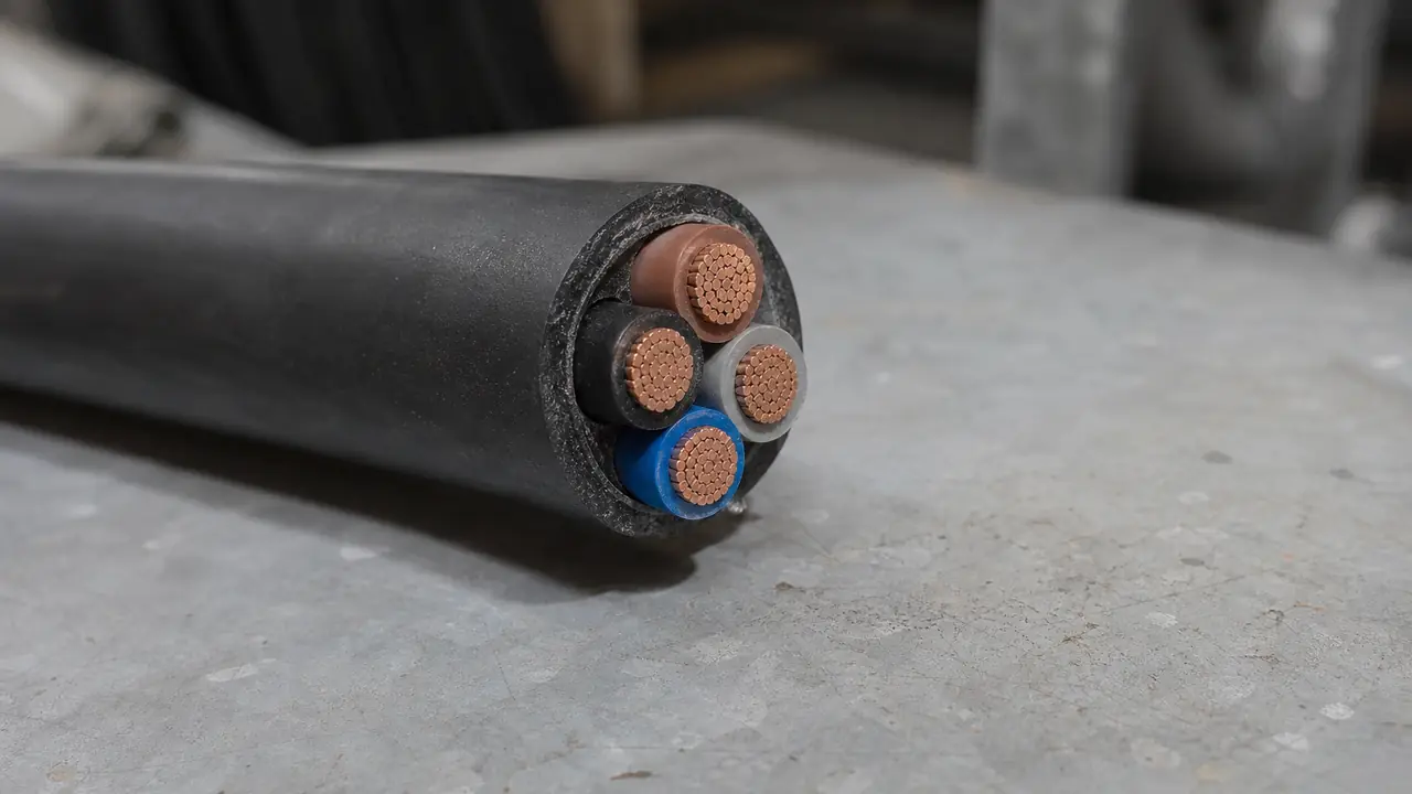 Cut end of a four-core low voltage XLPE power cable showing copper conductors, coloured insulation and black PVC sheath