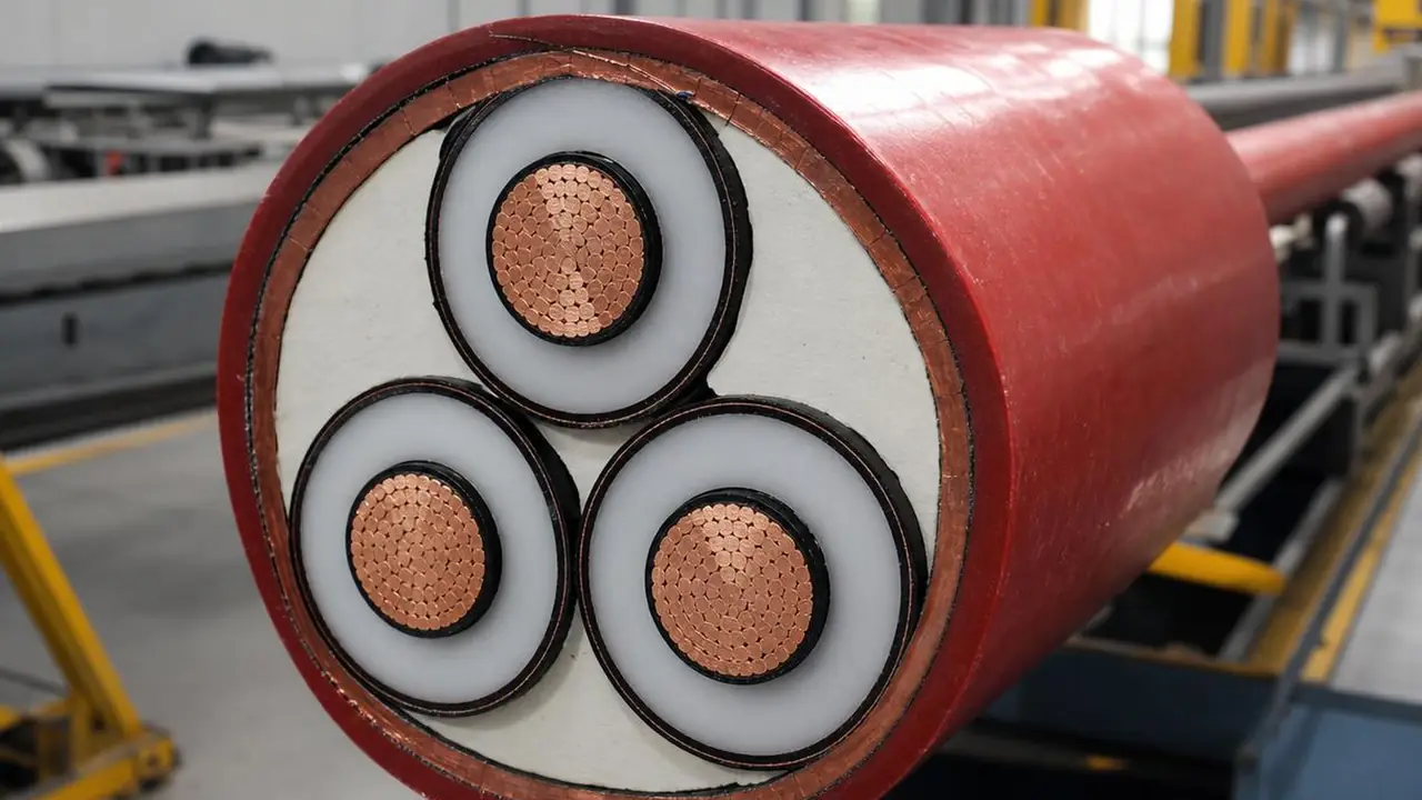 Cut end of a three-core medium voltage XLPE power cable showing semiconductive screens, copper tape and red PVC sheath