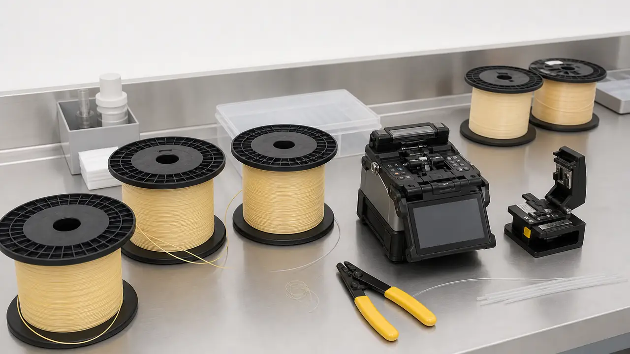 Coloured single-mode optical fibre on a spool beside stripped fibre ends showing the 250 um coating