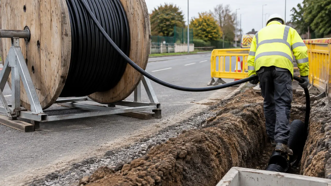 Cut end of an outdoor loose tube fibre optic cable with coloured tubes, steel central member, corrugated tape and black PE sheath