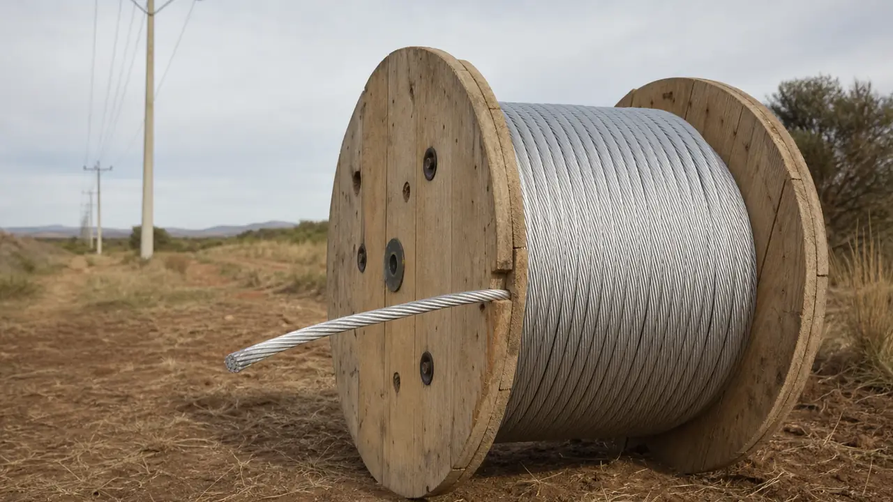Coil of ACSR bare overhead conductor showing hard-drawn aluminium strands over a galvanised steel core