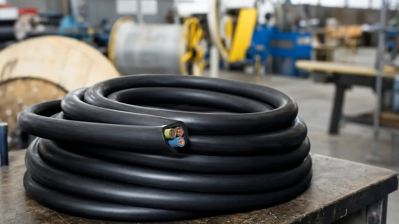 Cut end of a black H07RN-F rubber flexible cord showing fine-strand copper cores and rubber insulation