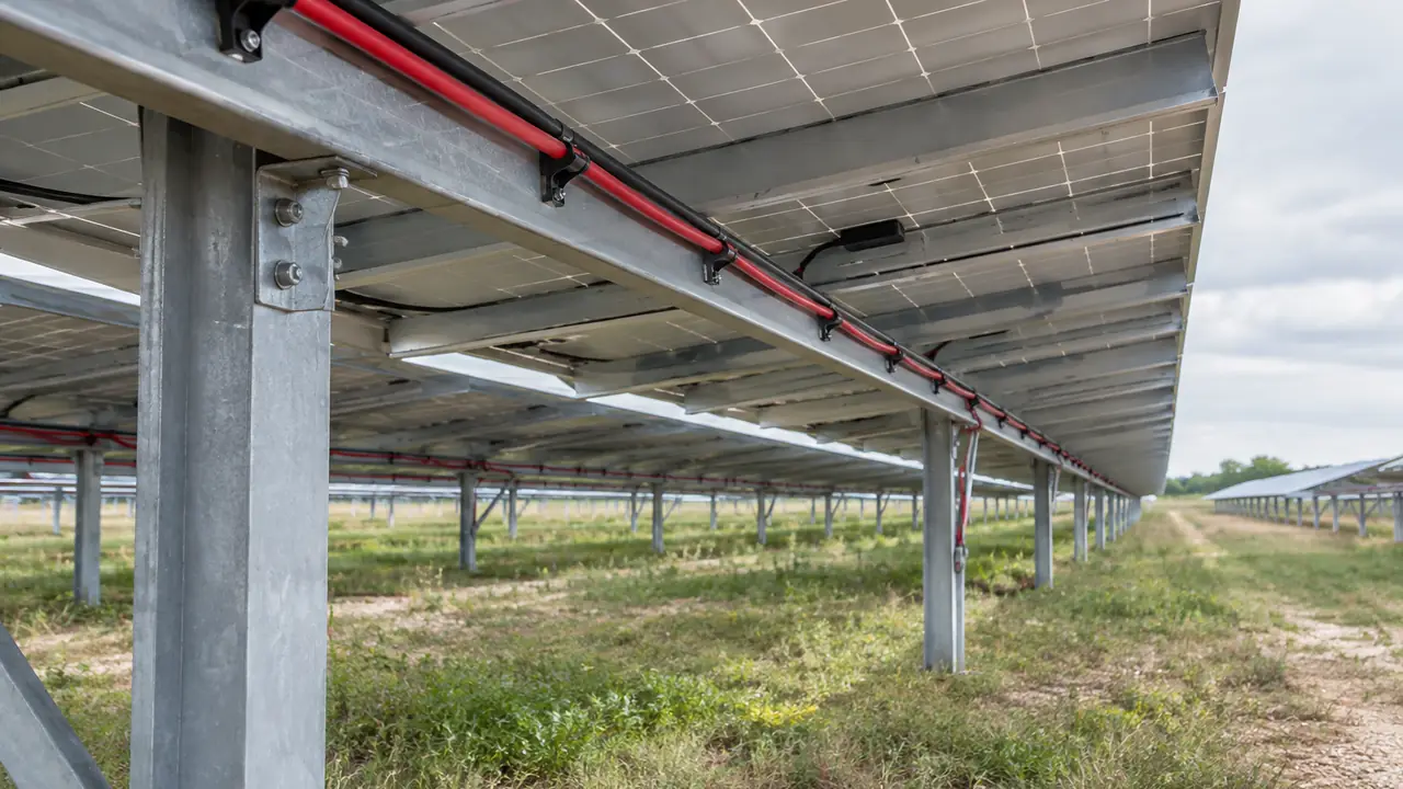 Red and black single-core solar PV cables with tinned copper strands visible at the cut ends