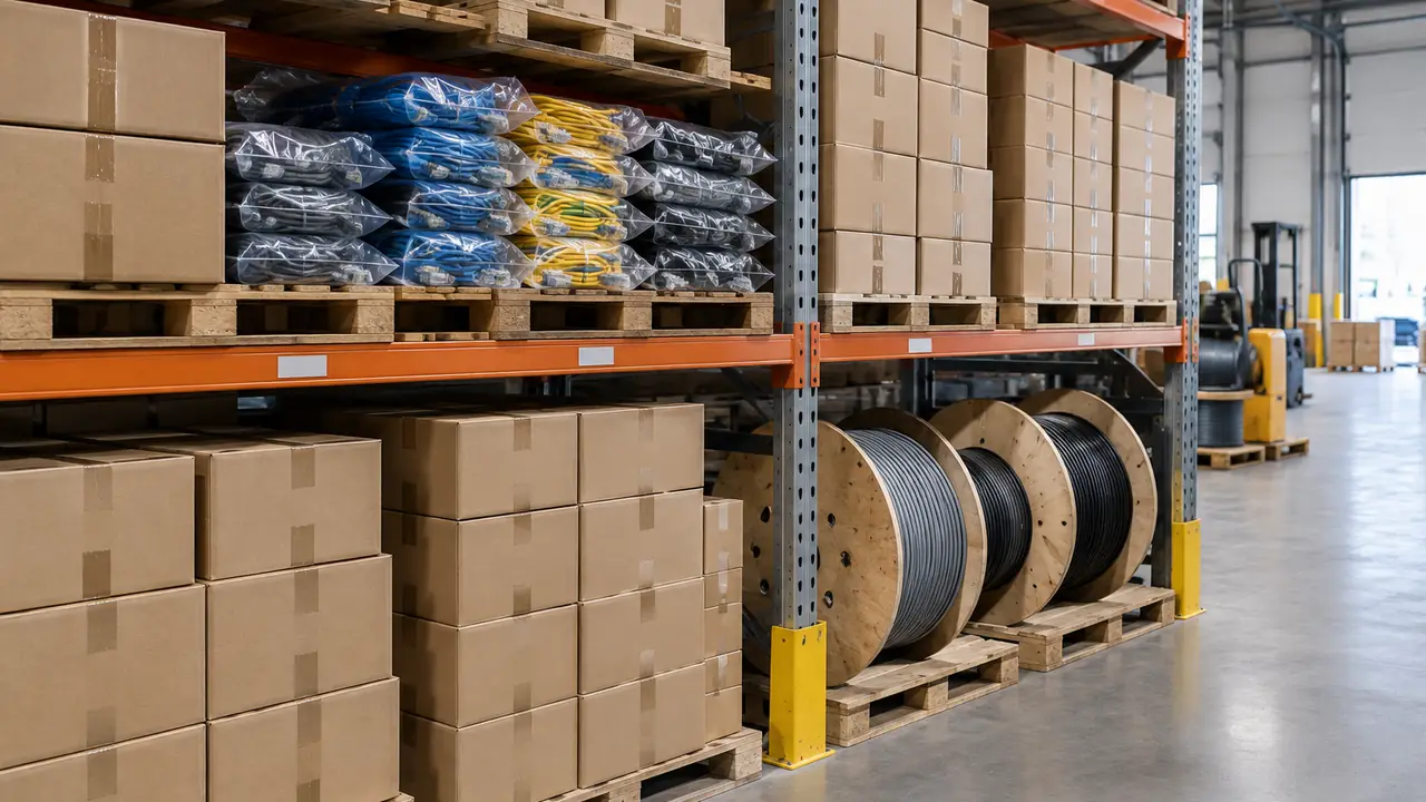 Stacked 305 m Cat6 cable boxes and coiled solar PV cable prepared for marketplace seller fulfilment